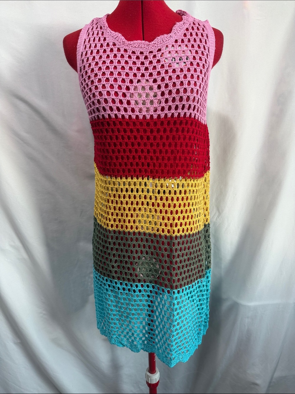 Girls Multicolor Crochet Stripe Tank Dress - Pink, Red, Yellow, Gray, Turquoise